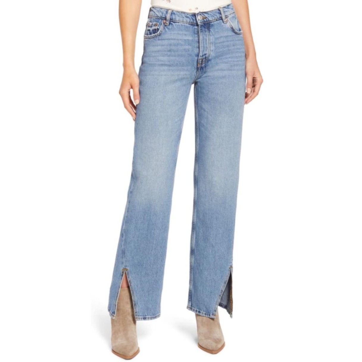 Free People We The Free Slit Hem Straight Jeans 25 High Waist Button Fly Blue
